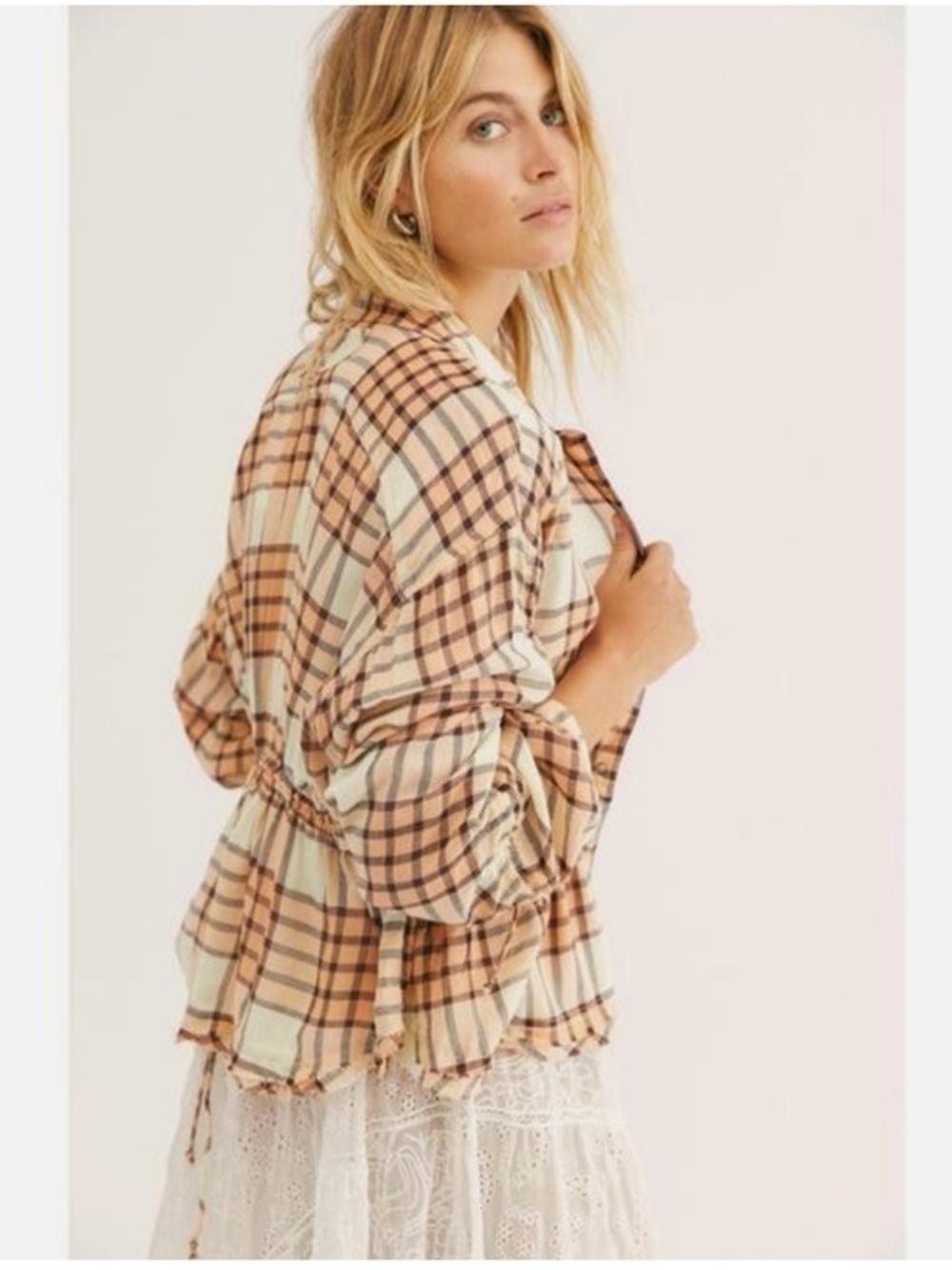 Free People Pacific Dawn Plaid Shirt Peach Tree Plaid Snap Button Down S
